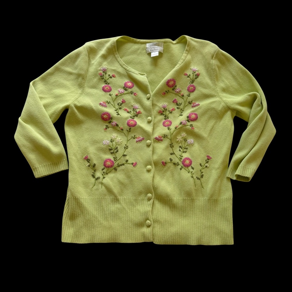 90's Vintage Lime Green Floral Hand Embroidered Cotton Cardigan Medium
